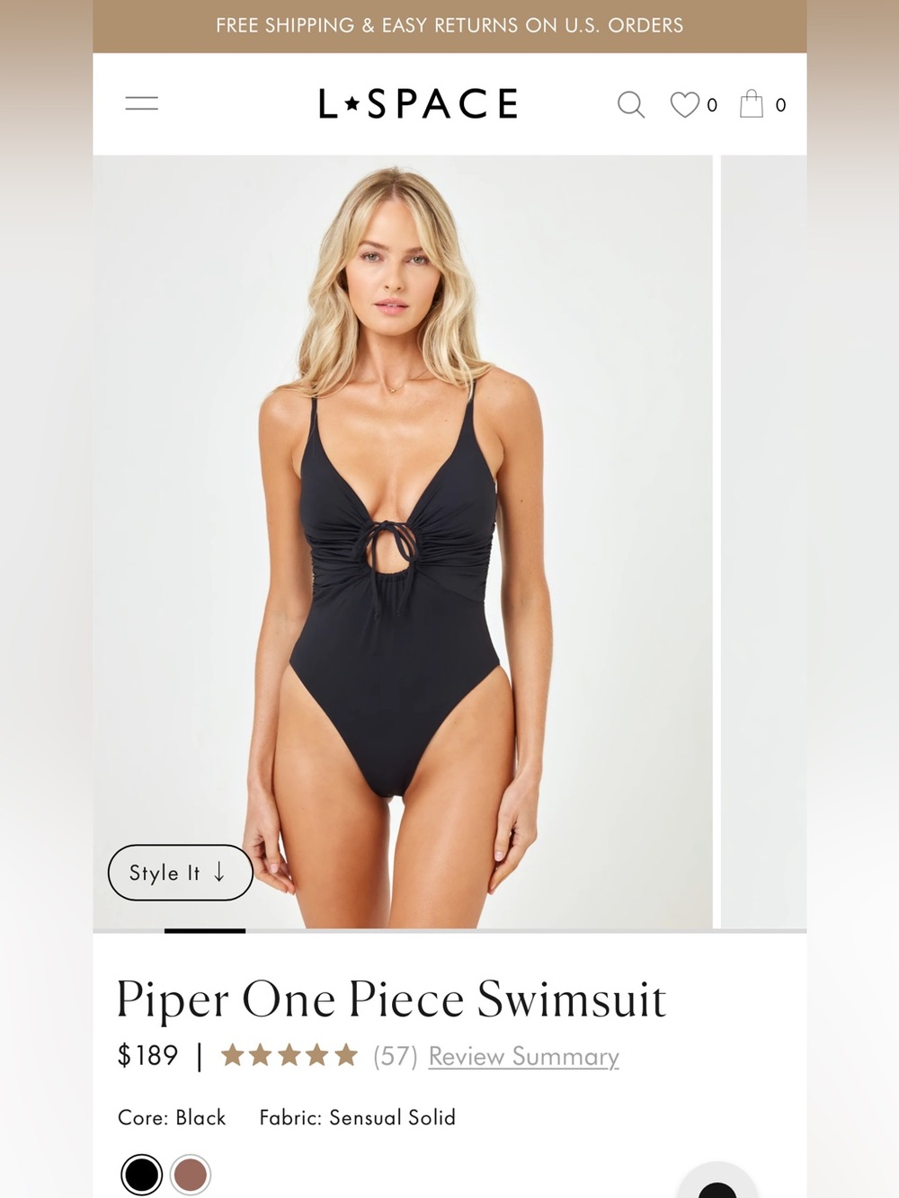 L*Space Piper One Piece Swimsuit Black NWT Size Small Cutout $189
